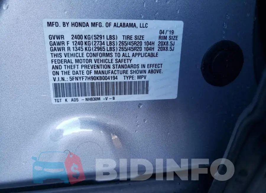 5FNYF7H90KB004194 Photo# 12