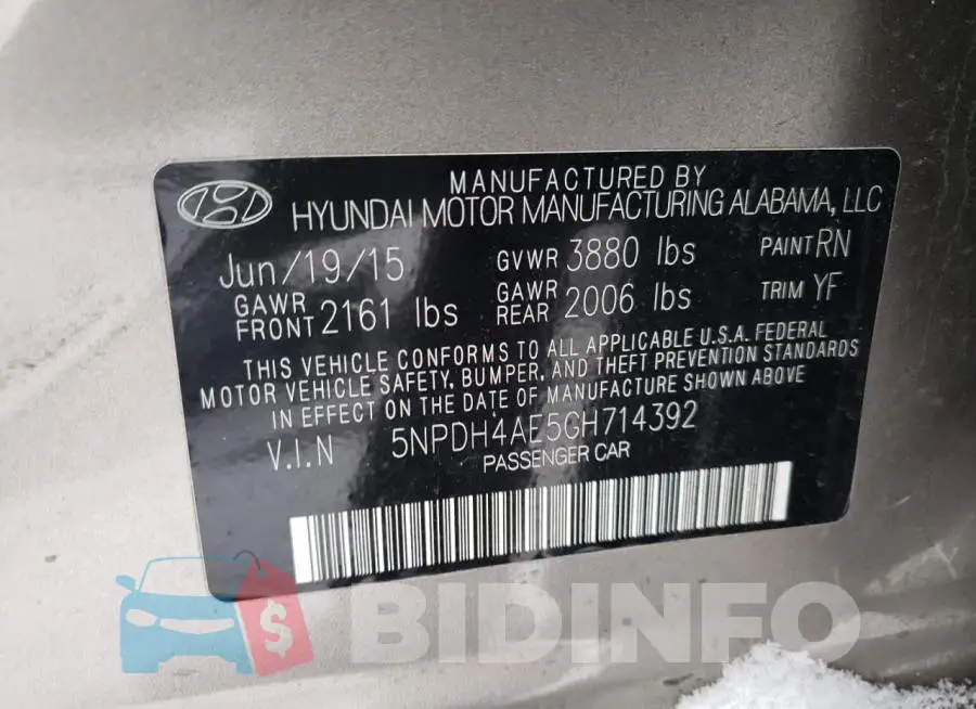 5NPDH4AE5GH714392 Photo# 12