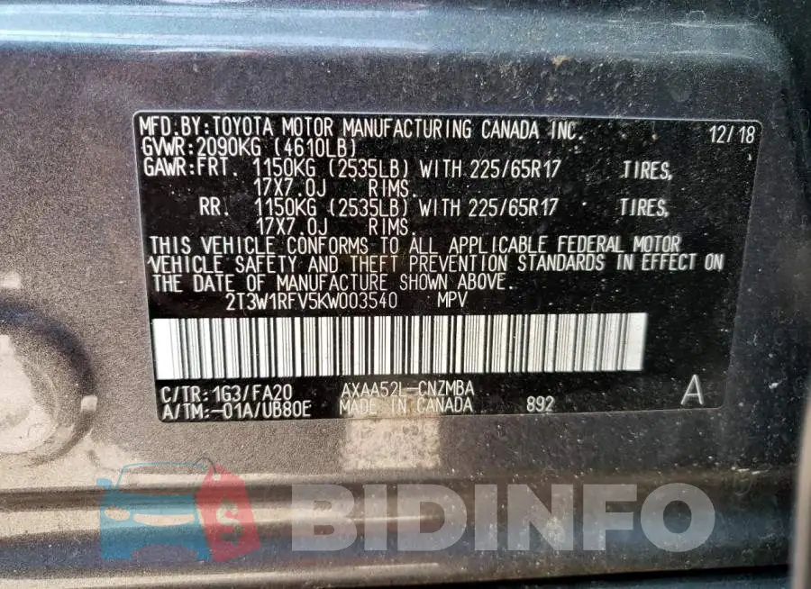 2T3W1RFV5KW003540 Photo# 13