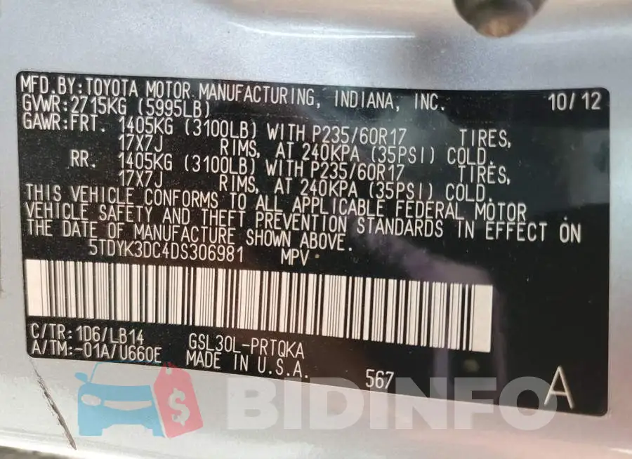 5TDYK3DC4DS306981 Photo# 14