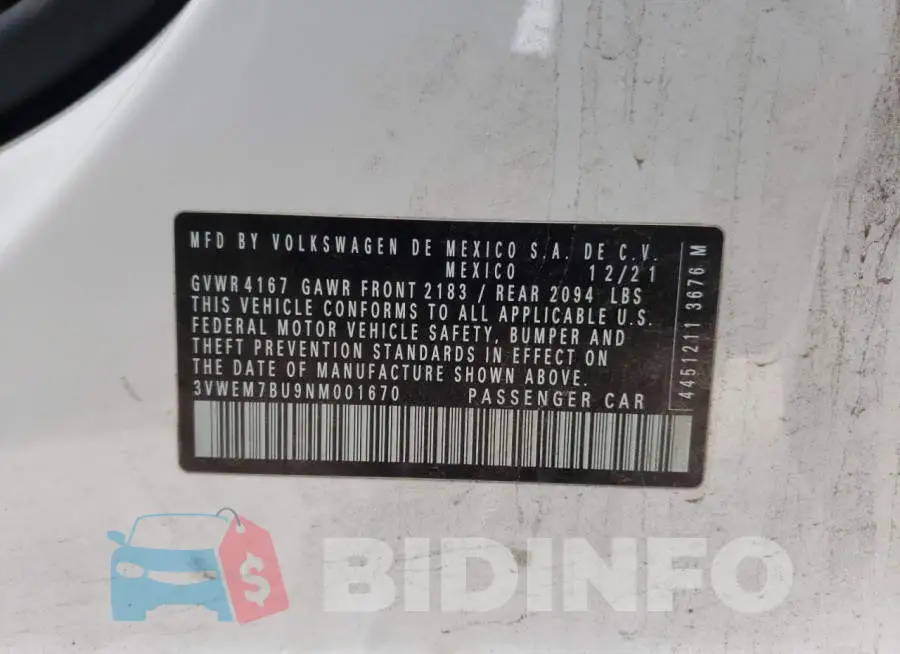 3VWEM7BU9NM001670 Photo# 13