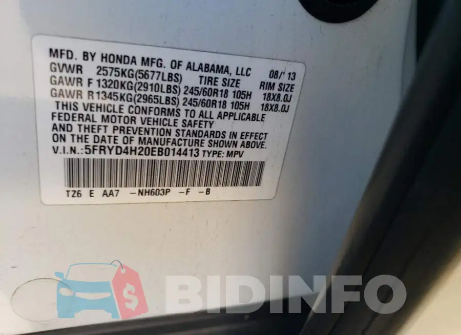 5FRYD4H20EB014413 Photo# 12