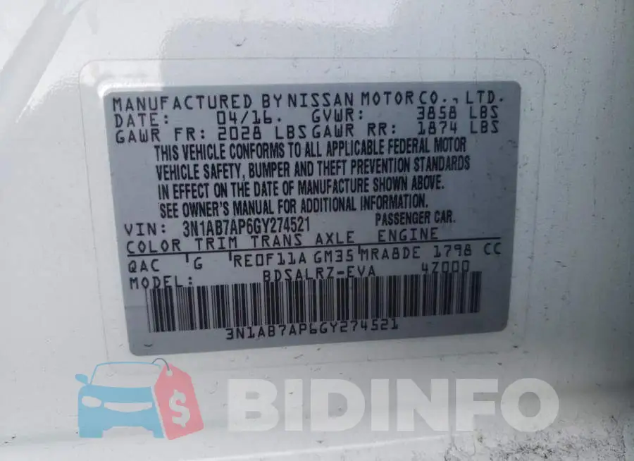 3N1AB7AP6GY274521 Photo# 10