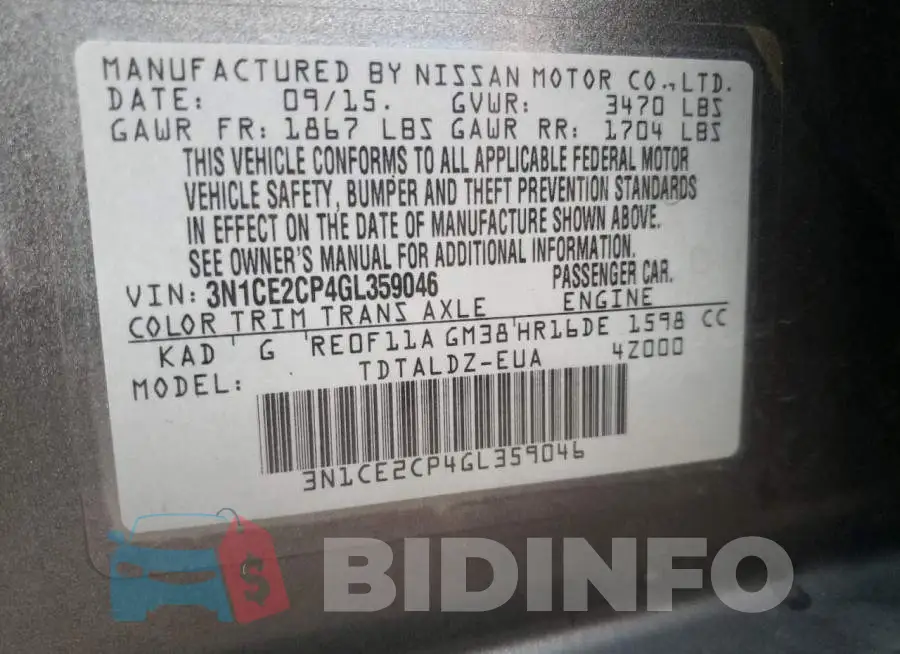 3N1CE2CP4GL359046 Photo# 12