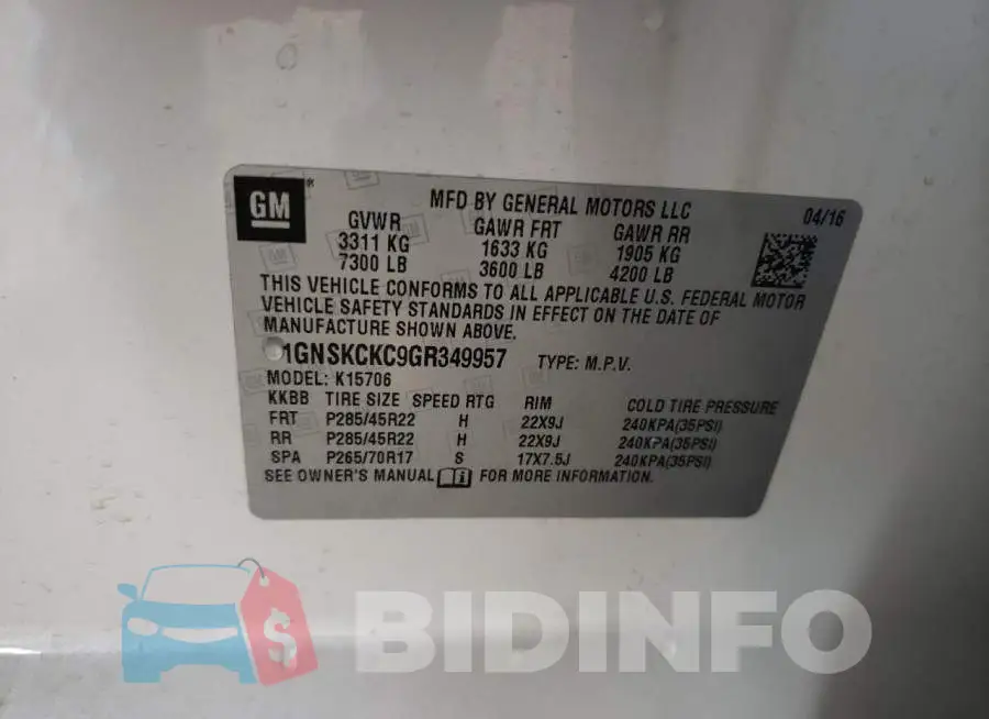 1GNSKCKC9GR349957 Photo# 10