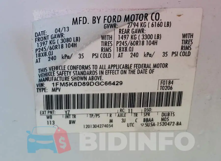 1FM5K8D89DGC66429 Photo# 13