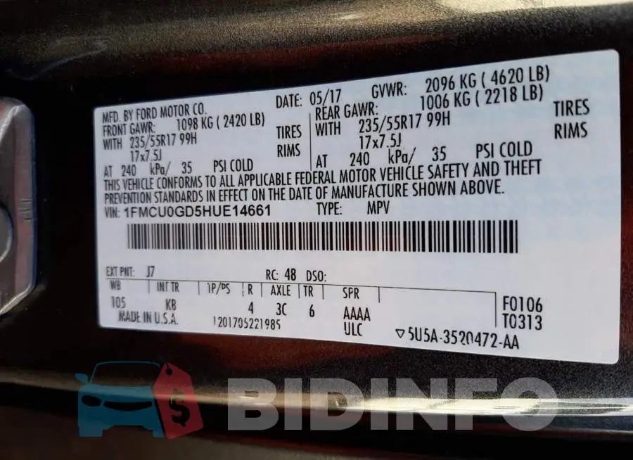 1FMCU0GD5HUE14661 Photo# 13