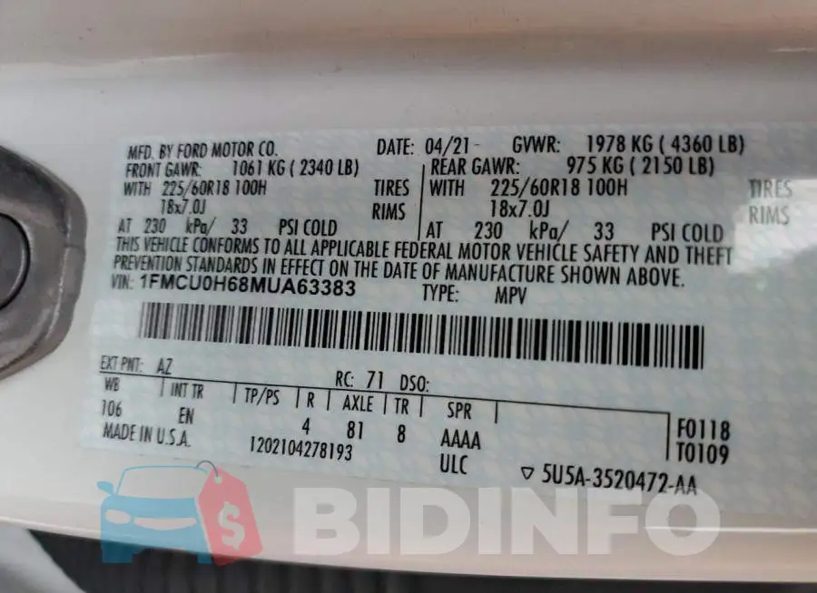 1FMCU0H68MUA63383 Photo# 13