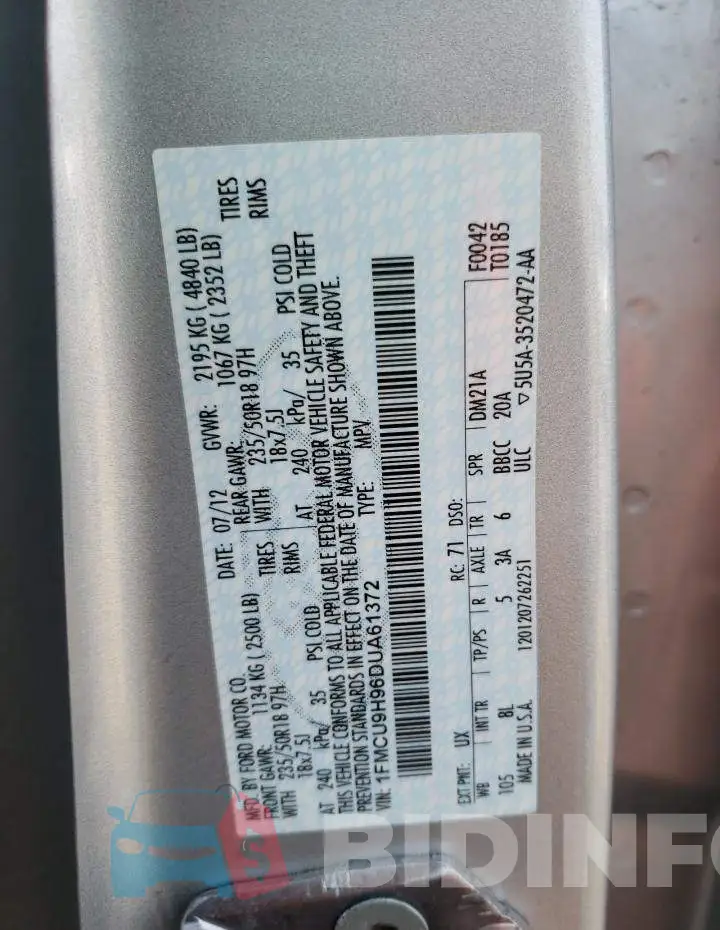1FMCU9H96DUA61372 Photo# 10