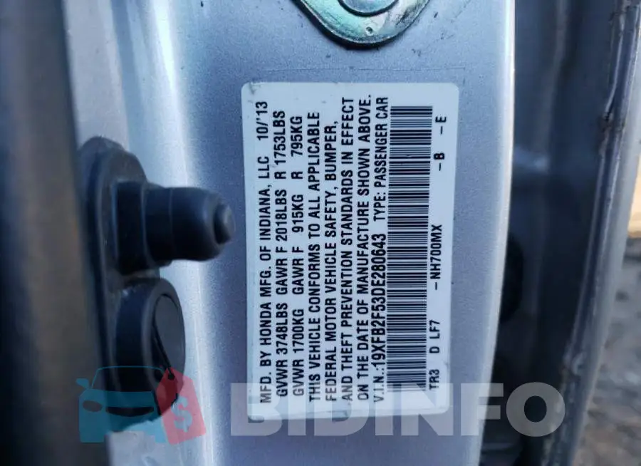 19XFB2F53DE280643 Photo# 12