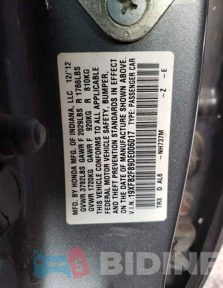 19XFB2F89DE006017 Photo# 10
