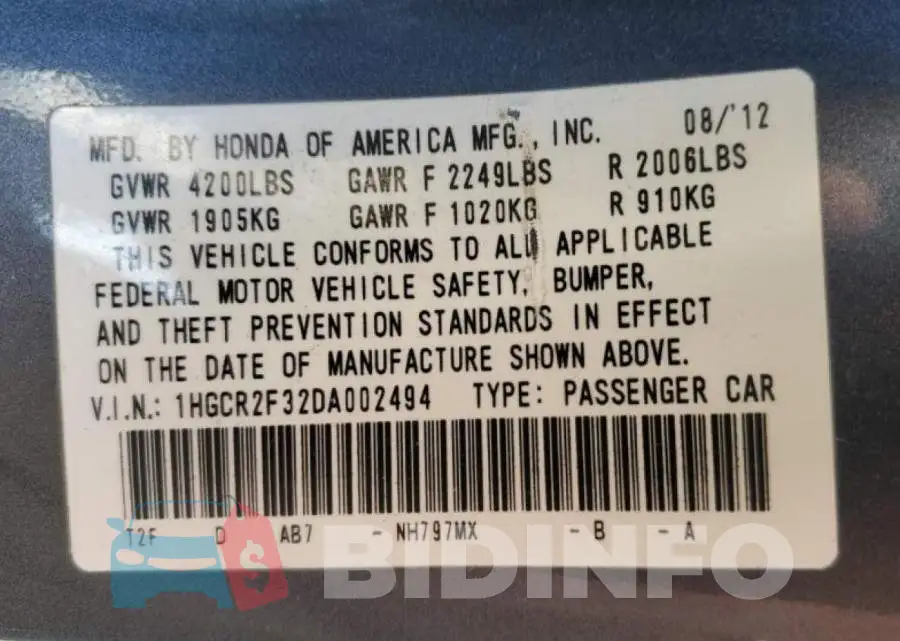1HGCR2F32DA002494 Photo# 12