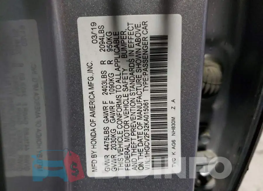 1HGCV2F32KA015061 Photo# 10