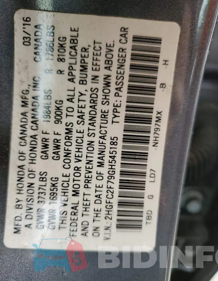 2HGFC2F79GH545185 Photo# 10