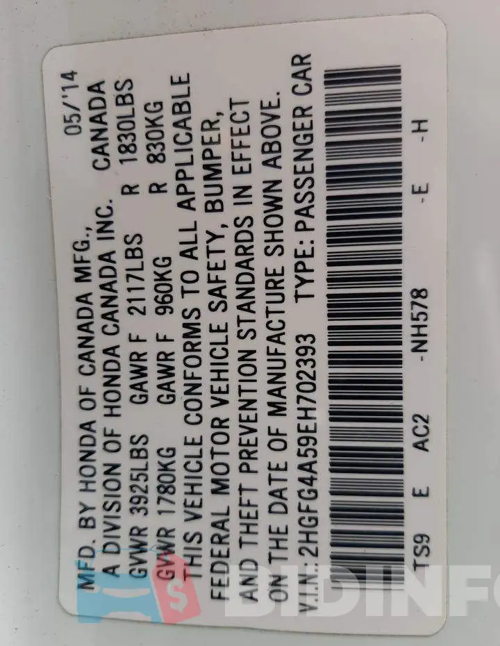 2HGFG4A59EH702393 Photo# 10