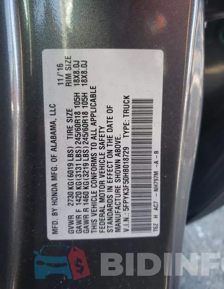 5FPYK3F50HB018729 Photo# 12