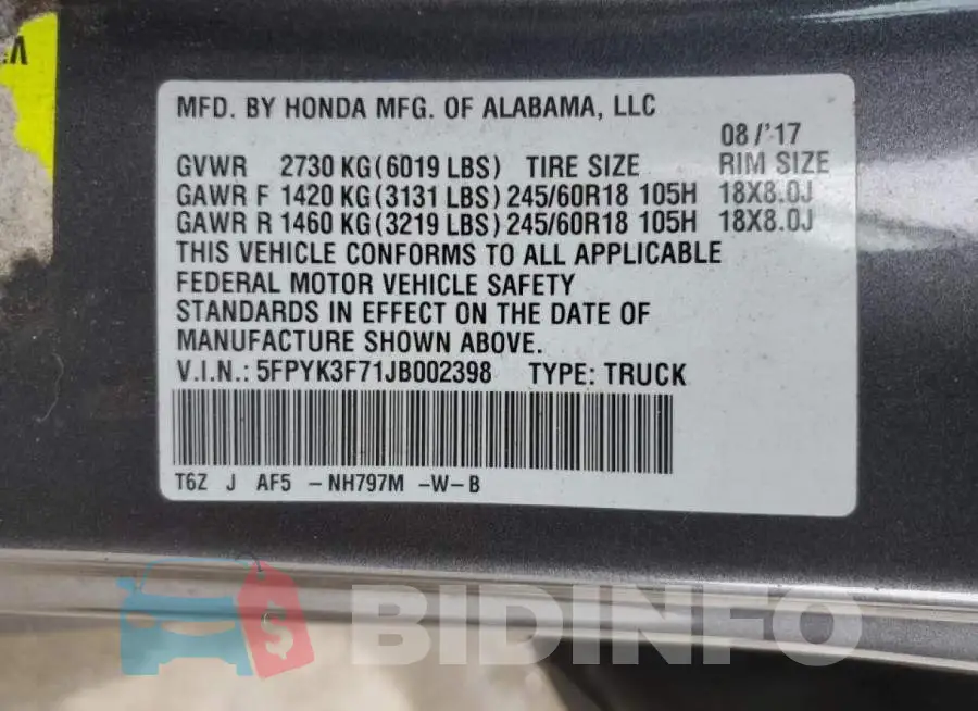 5FPYK3F71JB002398 Photo# 13