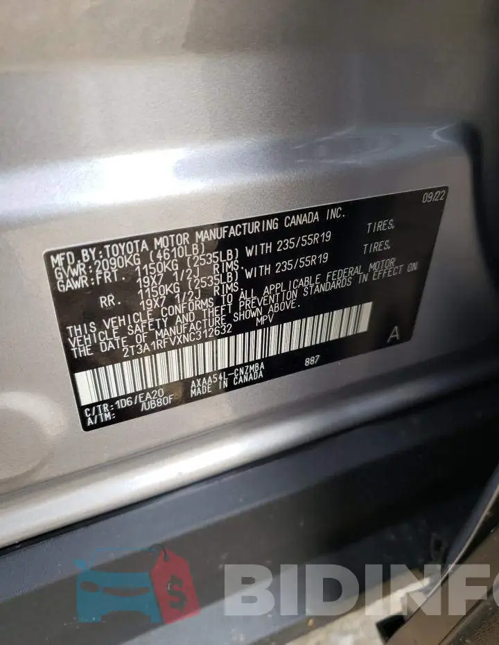 2T3A1RFVXNC312632 Photo# 10