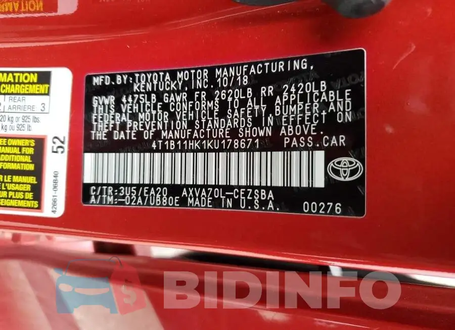 4T1B11HK1KU178671 Photo# 12