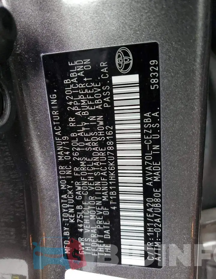 4T1B11HK6KU788162 Photo# 10