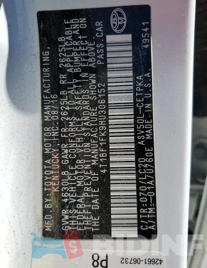 4T1BF1FK9HU306152 Photo# 10