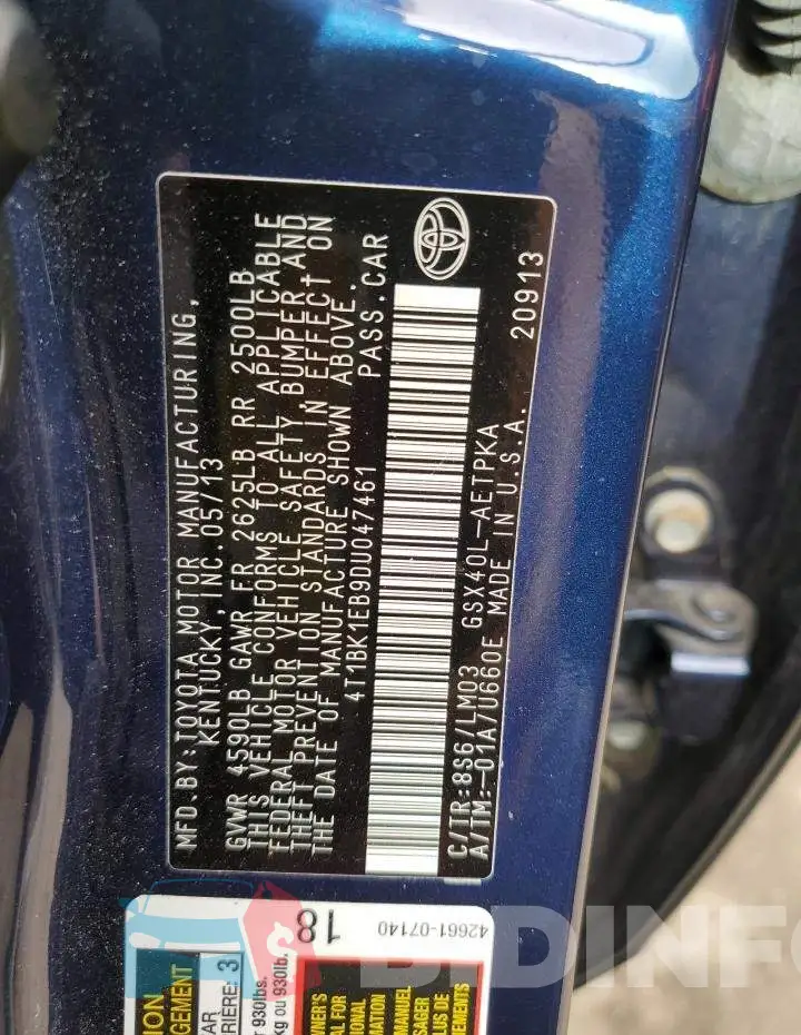 4T1BK1EB9DU047461 Photo# 10