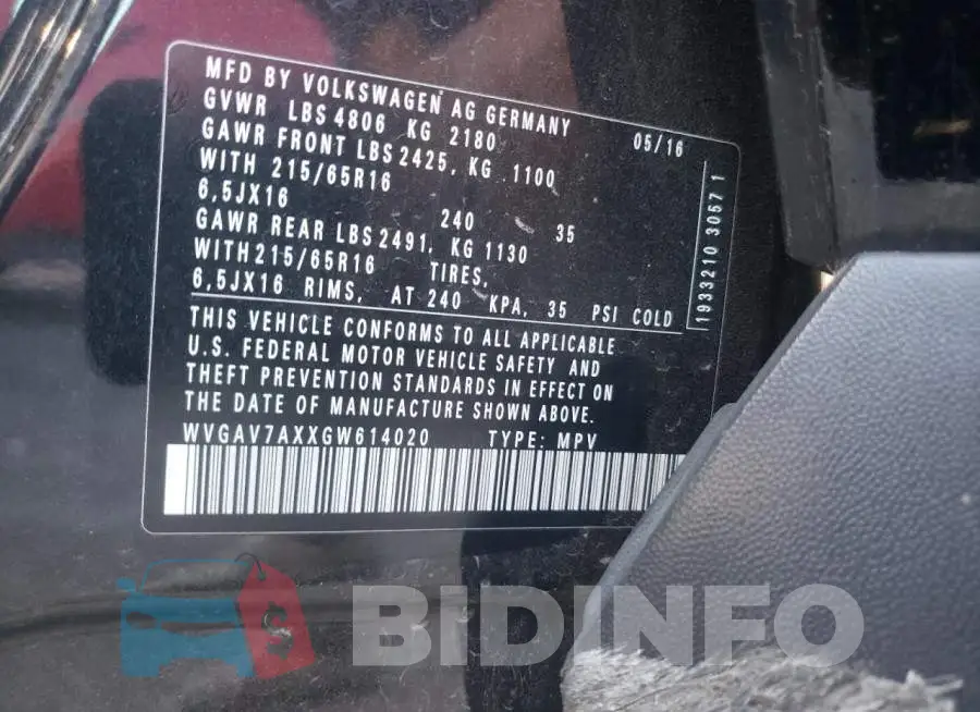 WVGAV7AXXGW614020 Photo# 10