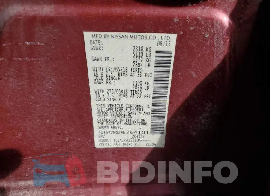 5N1AZ2MG2FN264101 Photo# 13