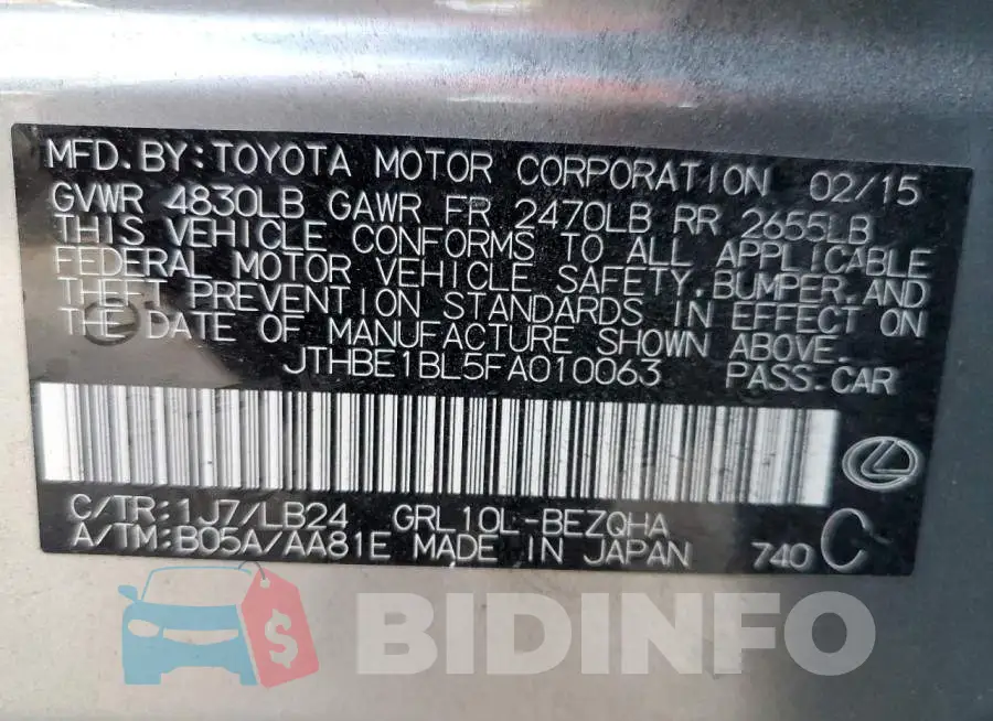 JTHBE1BL5FA010063 Photo# 10