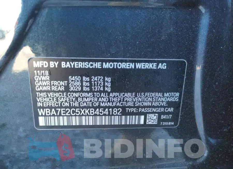 WBA7E2C5XKB454182 Photo# 10
