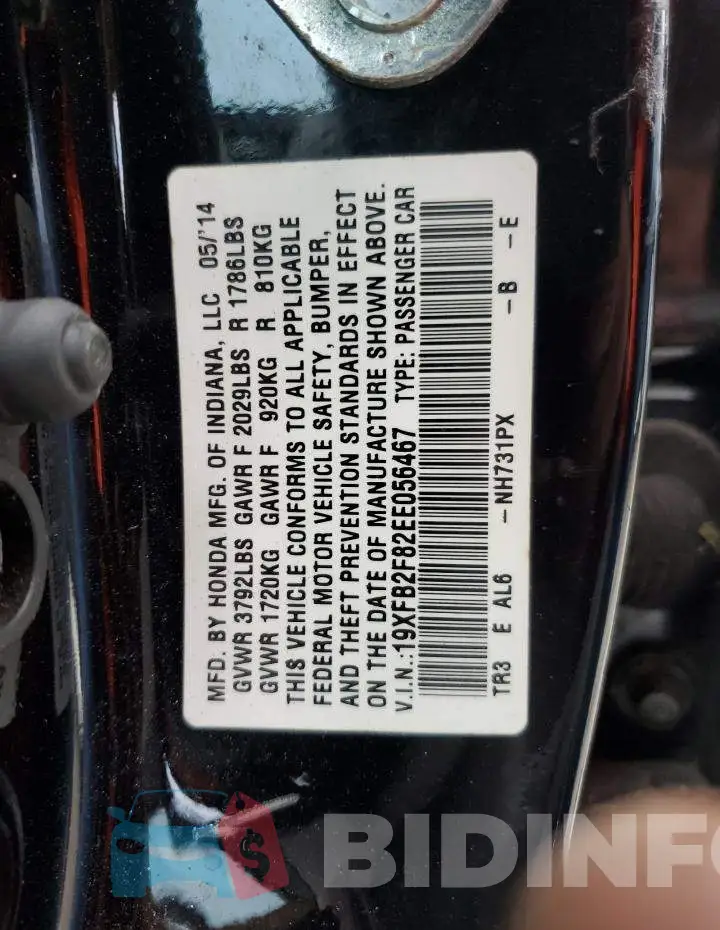 19XFB2F82EE056467 Photo# 10