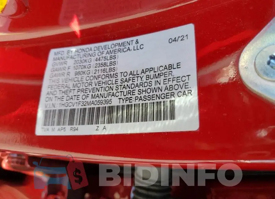 1HGCV1F32MA059395 Photo# 12