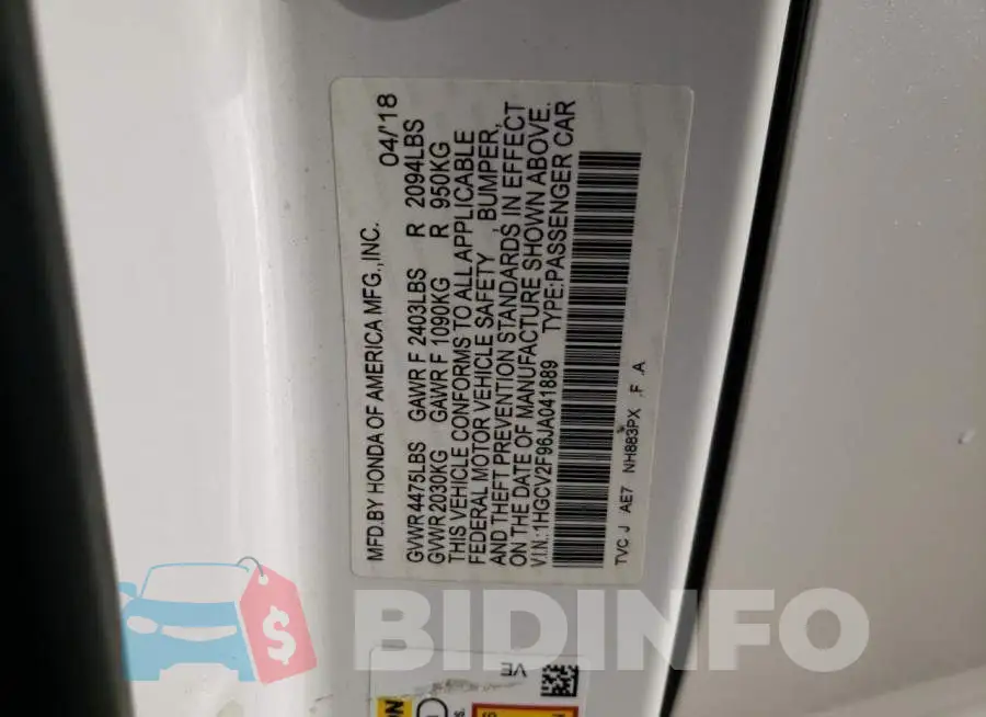 1HGCV2F96JA041889 Photo# 10