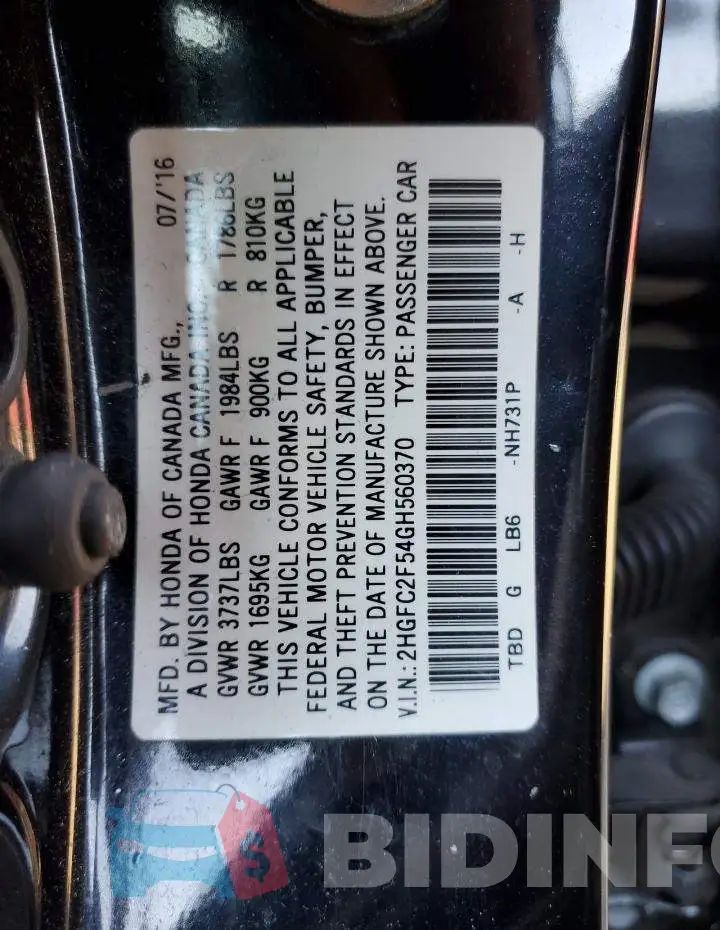 2HGFC2F54GH560370 Photo# 12