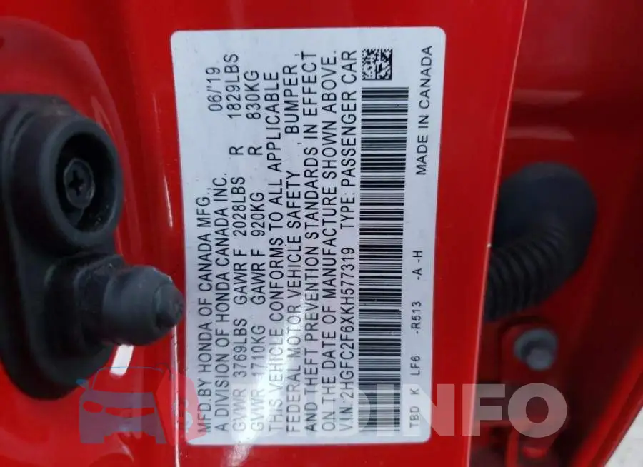 2HGFC2F6XKH577319 Photo# 10