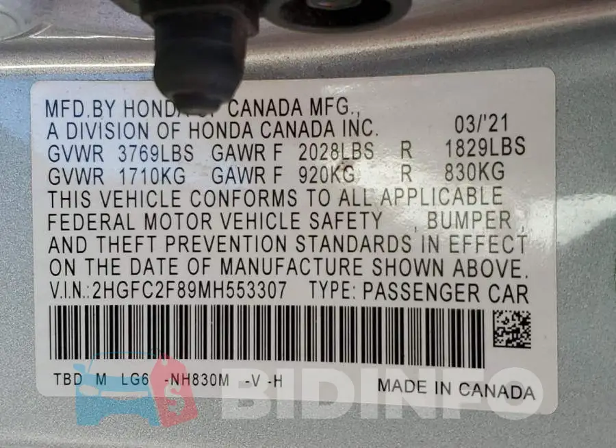 2HGFC2F89MH553307 Photo# 12
