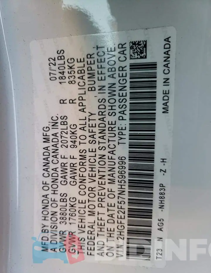 2HGFE2F57NH596996 Photo# 12