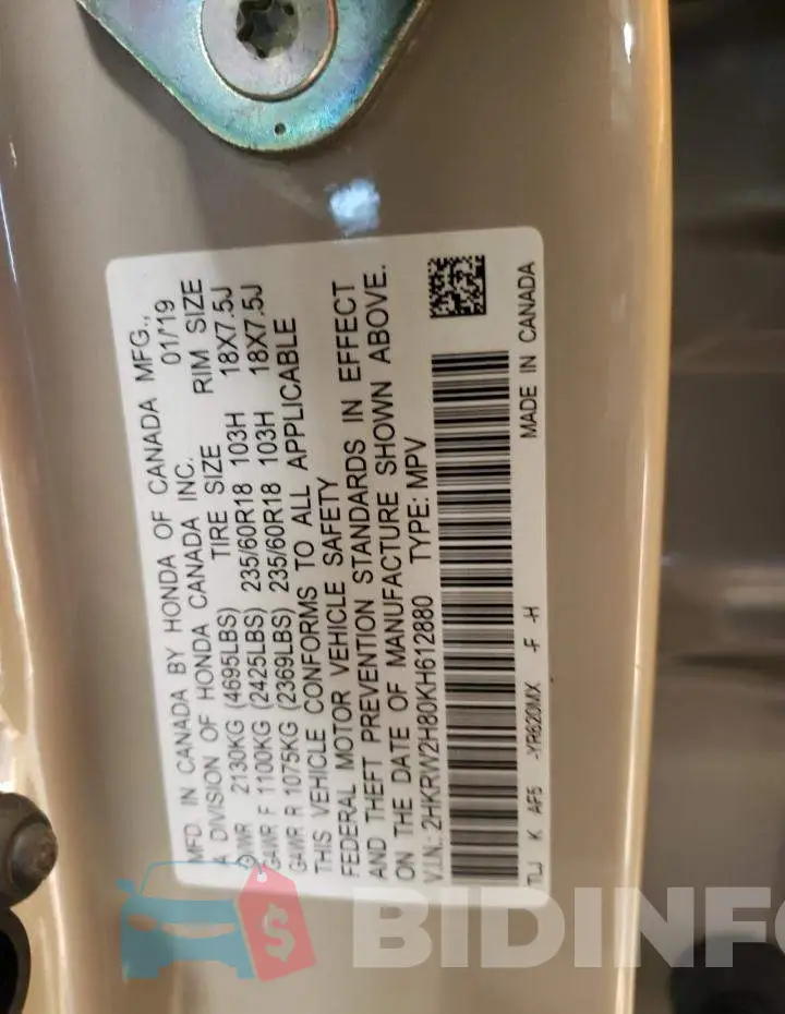 2HKRW2H80KH612880 Photo# 13