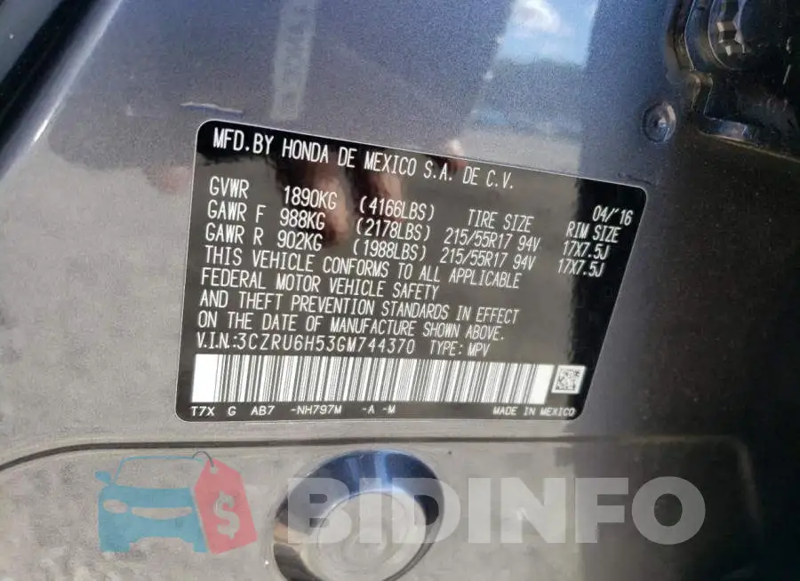 3CZRU6H53GM744370 Photo# 10