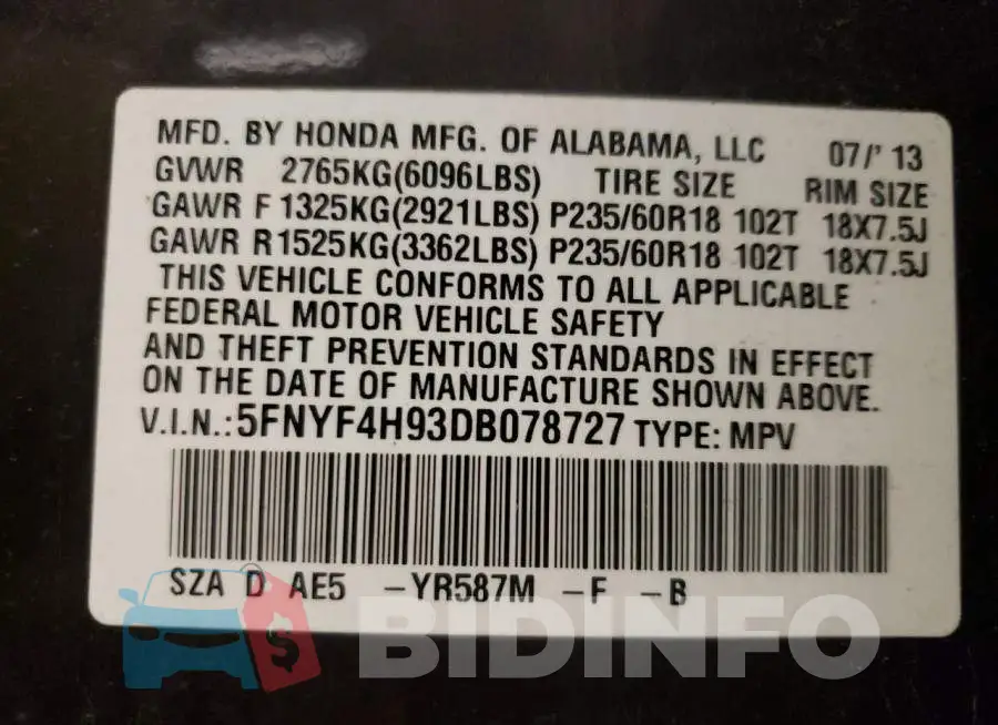 5FNYF4H93DB078727 Photo# 13