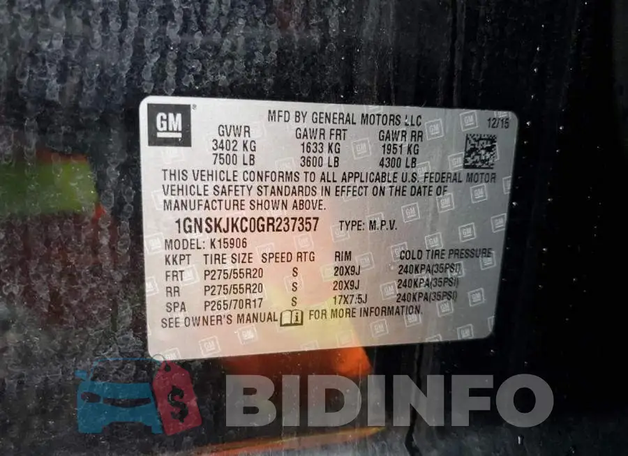 1GNSKJKC0GR237357 Photo# 13
