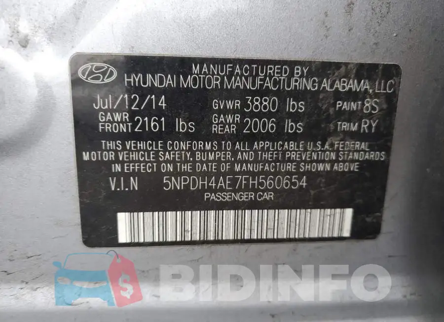5NPDH4AE7FH560654 Photo# 12