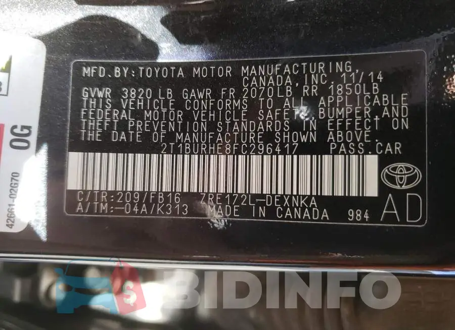 2T1BURHE8FC296417 Photo# 13