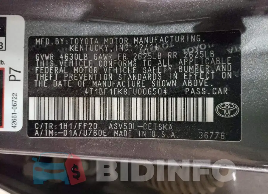 4T1BF1FK8FU006504 Photo# 10