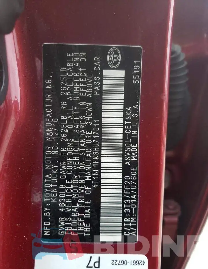 4T1BF1FK8HU717011 Photo# 13