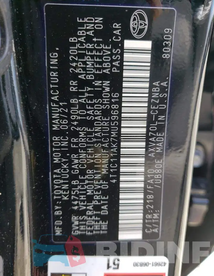 4T1C11AK7MU596816 Photo# 10