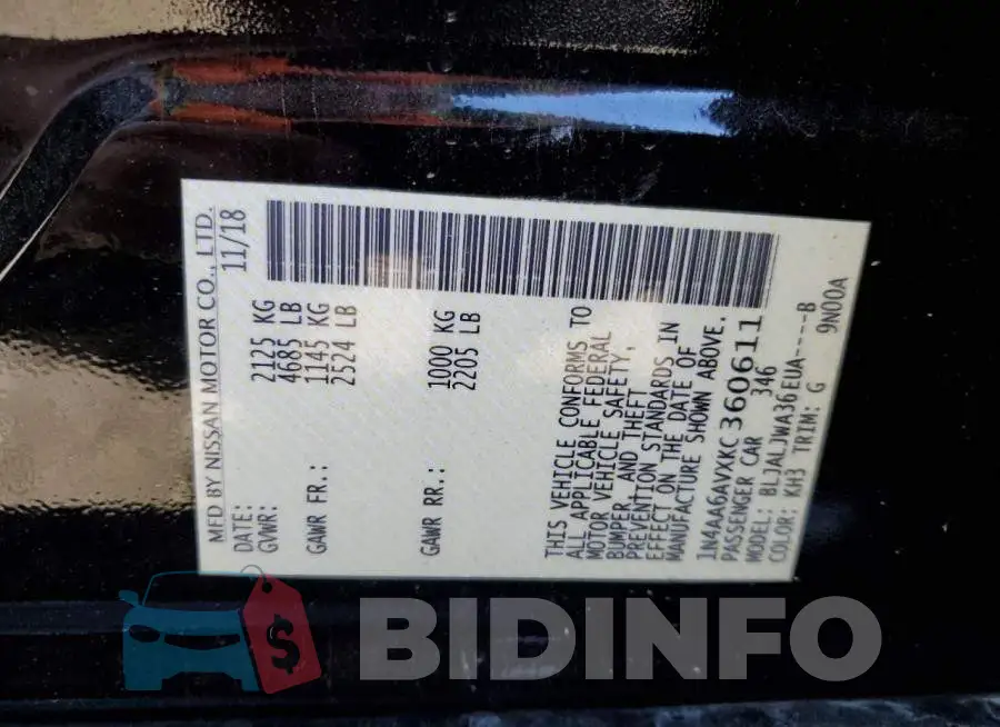 1N4AA6AVXKC360611 Photo# 10