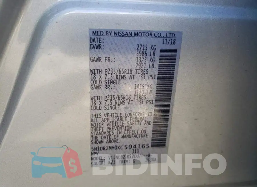 5N1DR2MM0KC594165 Photo# 10