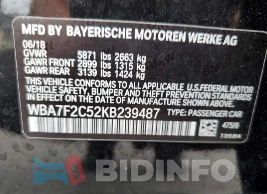 WBA7F2C52KB239487 Photo# 12