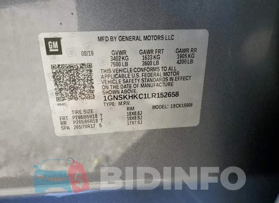 1GNSKHKC1LR152658 Photo# 13